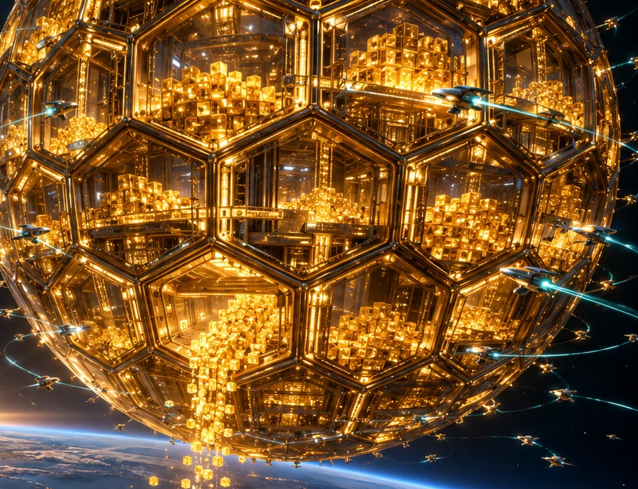 Close-up of golden glass hive cells packed with glowing golden bits.