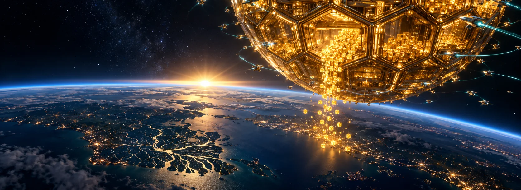 Sunrise over the Ganges delta and the Bay of Bengal, seen from orbit, with golden bits falling from above.